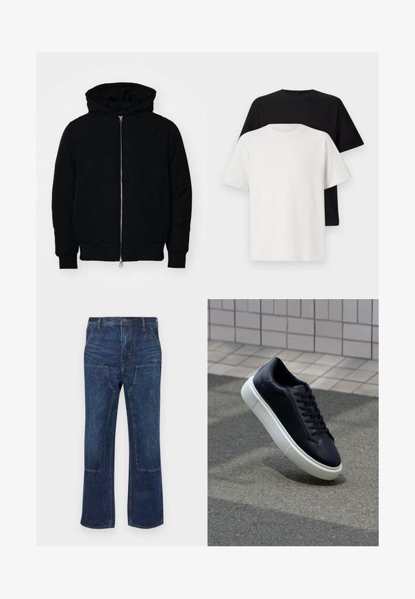 Crna kapuška jakna s prednjim zatvaračem, kenguru džepom, rebrastim manžetama i rubom, prikazana na običnoj bijeloj pozadini.; Set pamučnih majica koji uključuje crnu i bijelu majicu, obje s kratkim rukavima, okruglim izrezom i klasičnim krojem. Tekstura tkanine.; Tamno plave traperice s opuštenim fitom, širokim nogavicama i zakrpama na prednjoj strani. Glatka tekstura s minimalnim detaljima šivanja.; Crne kožne tenisice s zaobljenim vrhom i bijelim gumiranim potplatom. Imaju ravne vezice i minimalno šivanje na gornjem dijelu. Teksturirani potplat za bolje prianjanje.