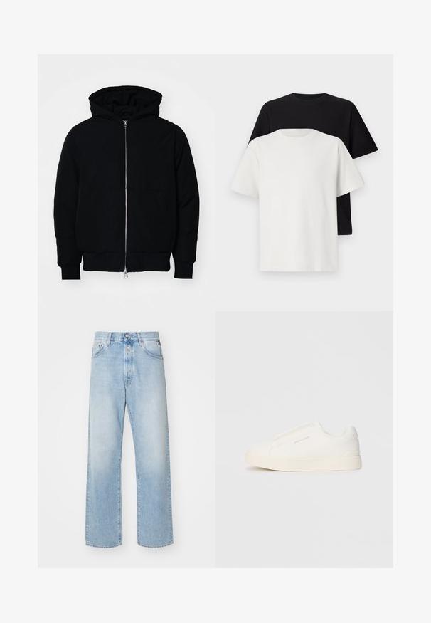 Črna kapuca jakna s sprednjim zadrgo, kenguru žepom, rebrastimi manšetami in hemom, razstavljena na enostavni beli ozadju.; Set bombažnih majic, ki vključuje črno in belo majico, obe z kratkimi rokavi, okroglim izrezom in standardnim krojem. Teksturirana tkanina.; Svjetloplave traperice sa slobodnim krojem, visokog struka, pet džepova i ravnim nogavicama. Vidljiva izblijedjela tekstura.; Bele zapete brez vezalk z teksturirano površino, debelim podplatom in minimalističnim dizajnom. Na strani se nahaja logotip blagovne znamke.