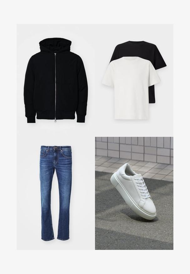 Mustaga kapuutsiga jakk, millel on esineed, kenguru tasku, soonikkoes, ja alläär, esitatud lihtsal valgel taustal.; Puuvillane t-särkide komplekt, mis sisaldab musta ja valget särk, mõlemad lühikeste varrukatega, ümmarguse kaelusega ja standardse lõikega. Tekstuuriga kangas.; Sinine denimist sirge lõikega teksapüksid, millel on lukuga ja nööbiga sulgemine, viis taskut ning kerge pleekimine reie piirkonnas.; Valge nahkline sneka, millel on sile pind, ümar varvas ja lame valge pael. Omab tekstuuriga kummist talla ja minimaalset kujunduselementi.