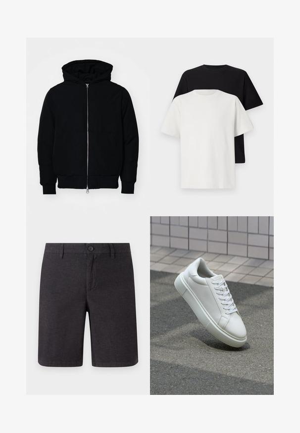 Veste à capuche noire avec fermeture éclair sur le devant, poche kangourou, poignets et ourlet côtelés, présentée sur un fond blanc uni.; Ensemble de t-shirts en coton comprenant un haut noir et un haut blanc, tous deux à manches courtes, avec un col rond et une coupe standard. Tissu texturé.; Shorts gris foncé en tissu tissé, dotés d'une fermeture à bouton, de passants de ceinture et d'une coupe droite, avec des ourlets nets et des poches latérales.; Baskets en cuir blanc avec une surface lisse, bout rond et lacets plats blancs. Présentent une semelle en caoutchouc texturée et des éléments de design minimalistes.