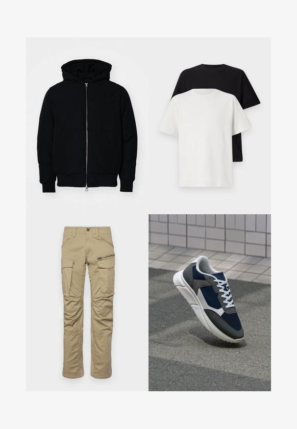 Black hooded jacket with front zipper, kangaroo pocket, ribbed cuffs, and hem, displayed on a plain white background.; Cotton t-shirt set featuring a black top and a white top, both with short sleeves, round neckline, and standard fit. Textured fabric.; Beige cargo pants with multiple pockets, including two side cargo pockets and one zippered front pocket. Made of durable fabric, straight leg design.; Sneaker featuring a navy blue mesh upper, gray suede accents, white rubber sole, and flat white laces, designed for comfort and breathability.