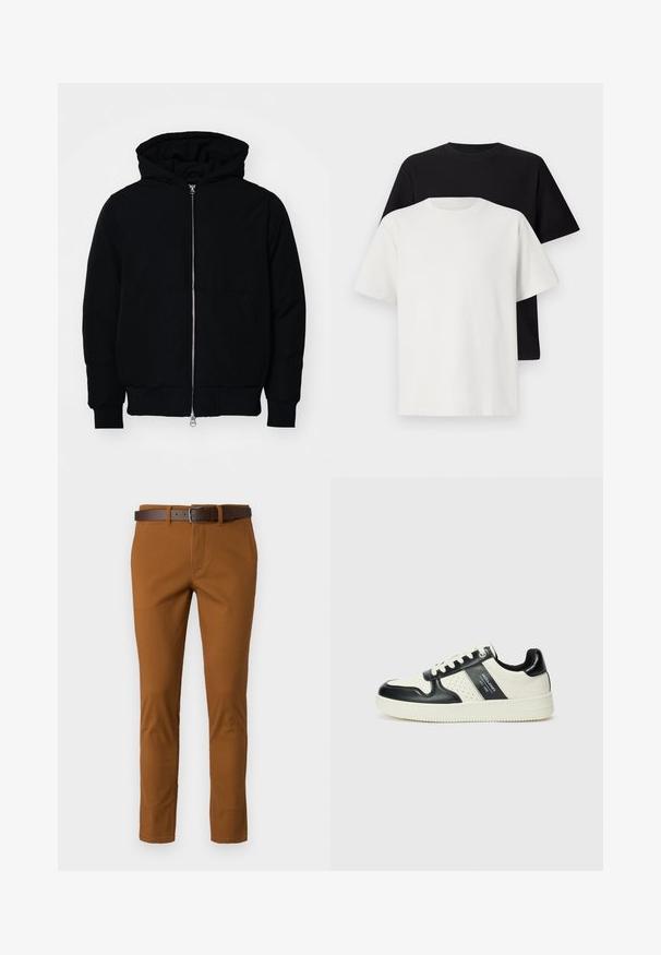 Mustaga kapuutsiga jakk, millel on esineed, kenguru tasku, soonikkoes, ja alläär, esitatud lihtsal valgel taustal.; Puuvillane t-särkide komplekt, mis sisaldab musta ja valget särk, mõlemad lühikeste varrukatega, ümmarguse kaelusega ja standardse lõikega. Tekstuuriga kangas.; Pruunid puuvillased püksid kitsas lõikes, varustatud pruuni nahkvyö ja peente õmblustega. Sile tekstuur ja kohandatud kuju.; Nahatud nahkkingad musta ja kreemi värviskeemiga, millel on perforeeritud aktsendid, pehme krae ja tekstureeritud tallad.