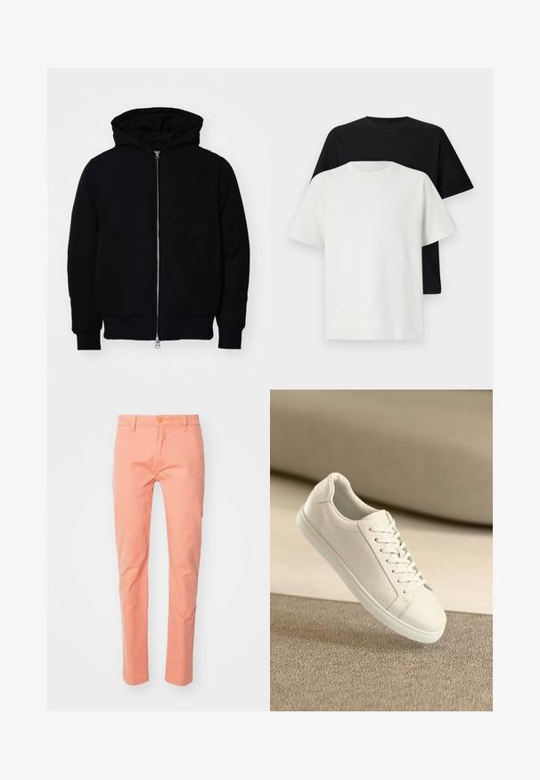 Černá kapucňová bunda s předním zipem, klokaní kapsou, vroubkovanými manžetami a spodním lemem, vystavená na čistém bílém pozadí.; Sada bavlněných triček, která obsahuje černé a bílé tričko, obě s krátkým rukávem, kulatým výstřihem a standardním střihem. Texturovaná látka.; Růžovo-béžové slim-fit kalhoty vyrobené z bavlny s hladkou texturou, s knoflíkovým zapínáním a poutek na pásek, zúžené k ankle.; Bílé kožené tenisky s bílými tkaničkami, vystavené na béžovém texturovaném povrchu s jemně rozostřeným pozadím.