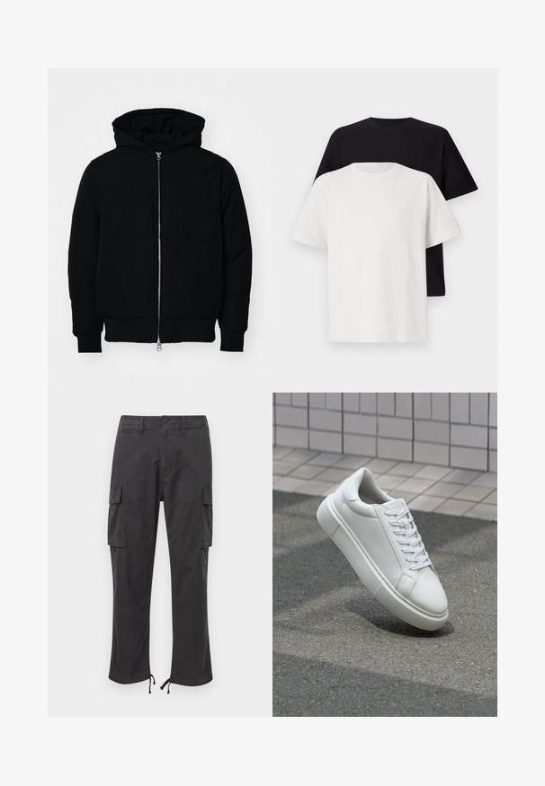 Svart hettejakke med frontglidelås, kengurulomme, ribbestrikket mansjetter og søm, vist på en ensfarget hvit bakgrunn.; Sett med bomull t-skjorter bestående av en svart topp og en hvit topp, begge med korte ermer, rund hals og standard passform. Teksturet stoff.; Svarte cargo-bukser med to sidelommer, justerbare snorer nederst, knappelukking og en glatt, slitesterk stofftekstur.; Hvit lær sneaker med glatt overflate, rund tå og flate hvite snøringer. Har en teksturert gummisåle og minimale design elementer.