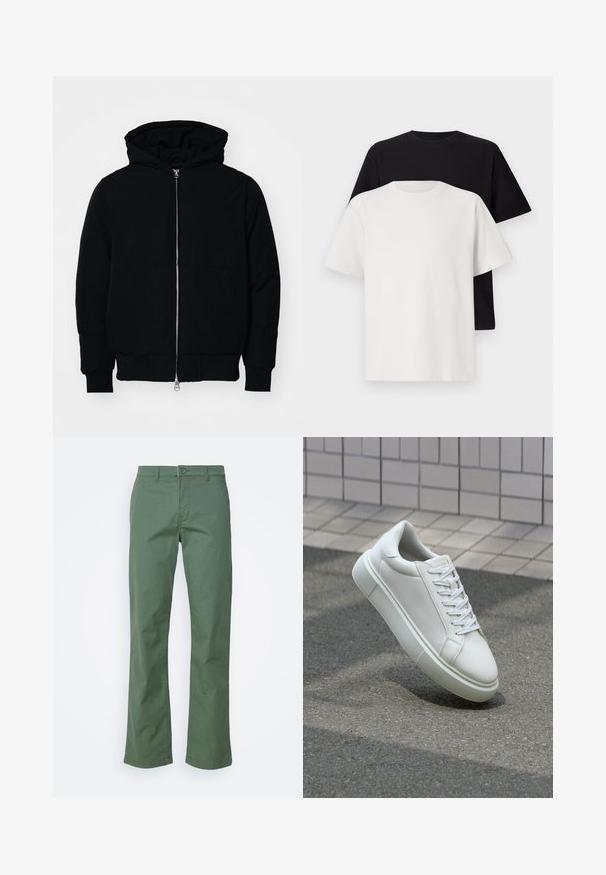 Giacca nera con cappuccio, dotata di zip frontale, tasca a marsupio, polsini e orlo a coste, esposta su uno sfondo bianco semplice.; Set di t-shirt in cotone composto da una maglietta nera e una bianca, entrambe con maniche corte, scollatura rotonda e vestibilità standard. Tessuto testurizzato.; Pantaloni in cotone verdi con un design a gamba dritta, caratterizzati da una chiusura anteriore con bottone e tasche laterali. Tessuto liscio e senza fantasie.; Sneaker bianco in pelle con superficie liscia, punta rotonda e lacci piatti bianchi. Presenta una suola in gomma texturizzata e un design minimale.