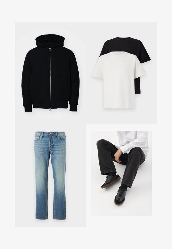 Juodas gobtuvėlis su priekiniu užtrauktuku, kengūros tipo kišene, lygiais rankogaliais ir apvadu, pateiktas ant vientiso balto fono.; Medvilniniai marškiniai, kuriuos sudaro juodas ir baltas marškinėliai, abu su trumpomis rankovėmis, apvaliu iškirpimu ir standartiniu sijonu. Tekstūruota medžiaga.; Šviesiai mėlynos džinsinės kelnės su tiesiomis kojarankomis, turinčios nusidėvėjusį paviršių, vario omašus ir klasikinius penkių kišenių dizainus.; Juodi sportbačiai su lygiu ir tekstūruotu paviršiumi, turi guminį padas ir tamsias raištelius. Suderinti su juodomis džinsais ir balta juostuota marškinėliais.