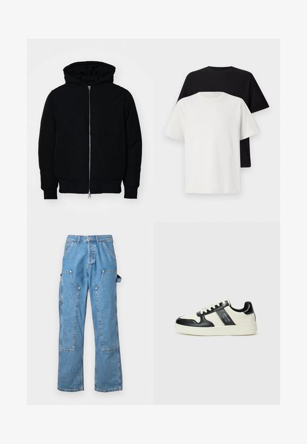 Svart huoodiejacka med framdragkedja, känguruficka, ribbade ärmslut och nederkant, uppställd mot en vit bakgrund.; Set med bomullströjor som inkluderar en svart och en vit topp, båda med korta ärmar, rund halsringning och standard passform. Strukturerad tyg.; Ljust blå denim cargobyxor med en avslappnad passform, flera fickor med lappar och kontrasterande sömmar. Har en knappstängning och bälteshål.; Läder sneakers med en svart och krämfärgad färgsättning, med perforerade detaljer, en vadderad krage och en strukturerad yttersula.