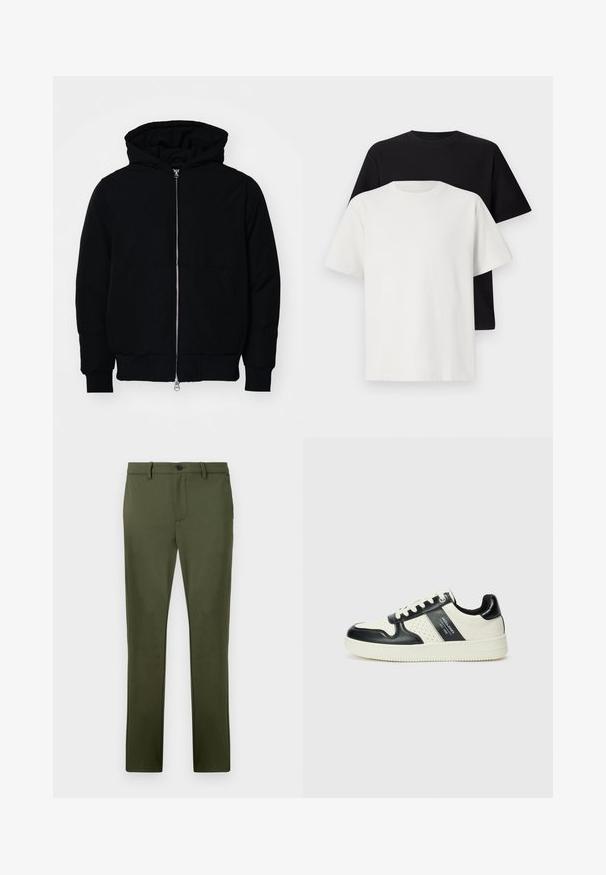 Crna kapuška jakna s prednjim zatvaračem, kenguru džepom, rebrastim manžetama i rubom, prikazana na običnoj bijeloj pozadini.; Set pamučnih majica koji uključuje crnu i bijelu majicu, obje s kratkim rukavima, okruglim izrezom i klasičnim krojem. Tekstura tkanine.; Maslinasto zelene hlače izrađene od glatkog materijala, s ravnim krojem, prednjim džepovima i jednim dugmetom za zatvaranje. Minimalistički dizajn.; Kožne tenisice s crno-bijelom paletom boja, koje imaju perforirane akcentne detalje, podstavljeni ovratnik i teksturiranu potplat.