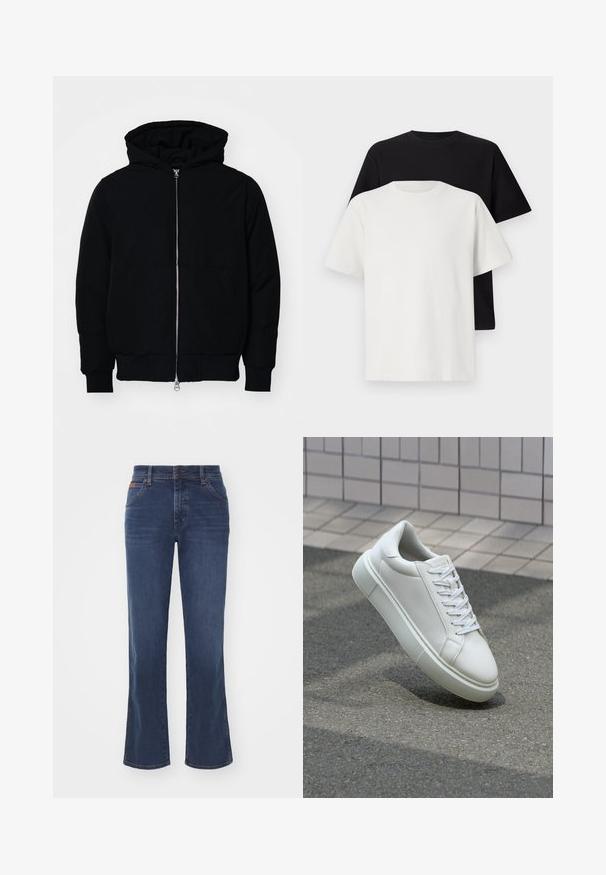 Juodas gobtuvėlis su priekiniu užtrauktuku, kengūros tipo kišene, lygiais rankogaliais ir apvadu, pateiktas ant vientiso balto fono.; Medvilniniai marškiniai, kuriuos sudaro juodas ir baltas marškinėliai, abu su trumpomis rankovėmis, apvaliu iškirpimu ir standartiniu sijonu. Tekstūruota medžiaga.; Tamsiai mėlynos šviesios džinsinės kelnės su platesnėmis šoninėmis, penkiomis kišenėmis, sagos uždarymu ir šiek tiek nusidėvėjusiomis kojomis, suteikiančiomis tekstūros ir vizualinio žavesio.; Balti odiniai sportbačiai su lygiu paviršiumi, apvalia nosimi ir plokščiomis baltomis raištelėmis. Yra tekstūruotas gumos padas ir minimalizmas dizaino elementuose.