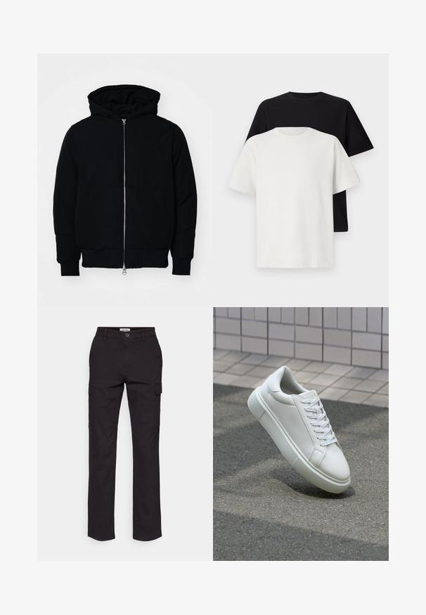Black hooded jacket with front zipper, kangaroo pocket, ribbed cuffs, and hem, displayed on a plain white background.; Cotton t-shirt set featuring a black top and a white top, both with short sleeves, round neckline, and standard fit. Textured fabric.; Black cargo pants with a straight-leg design, featuring side pockets, a button closure, and a sturdy cotton blend fabric.; White leather sneaker with a smooth surface, round toe, and flat white laces. Features a textured rubber sole and minimal design elements.