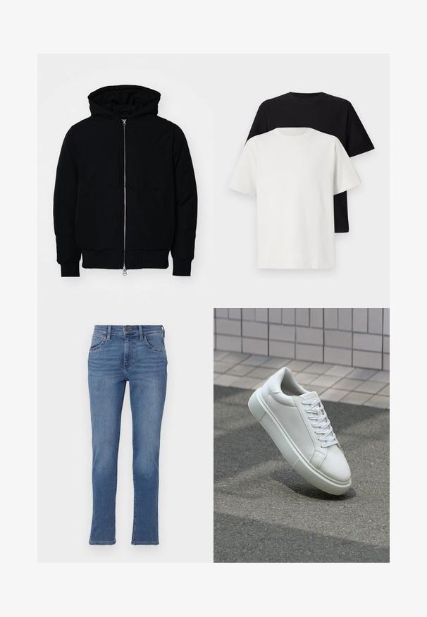 Fekete kapucnis dzseki elülső cipzárral, kenguruzsebbel, bordázott mandzsettákkal és aba, egy sima fehér háttér előtt.; Pamut póló szett, amely egy fekete és egy fehér pólót tartalmaz, mindkettő rövid ujjú, környakú és normál fazonú. Texturált anyag.; Kék farmernadrág egyenes szárú szabással, elülső zsebekkel, gombos záródással és finom kopással az anyagon.; Fehér bőr sportcipő sima felülettel, kerek orral és lapos fehér fűzőkkel. Texturált gumitalppal és minimális dizájnelemekkel rendelkezik.