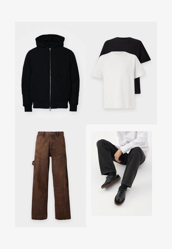 Jachetă neagră cu glugă, cu fermoar în față, buzunar tip kangaroo, mansete și tiv ribbed, prezentată pe un fundal alb simplu.; Set de tricouri din bumbac, care include un top negru și unul alb, ambele cu mâneci scurte, guler rotund și croială standard. Material texturat.; Pantaloni de lucru drepți, maro, cu buzunar utilitar pe lateral, passante pentru curea și închidere cu broșă la talie.; Adidași negri cu un model neted și texturat, având o talpă din cauciuc și șireturi închise la culoare. Asortați cu blugi negri și o cămașă albă cu dungi.