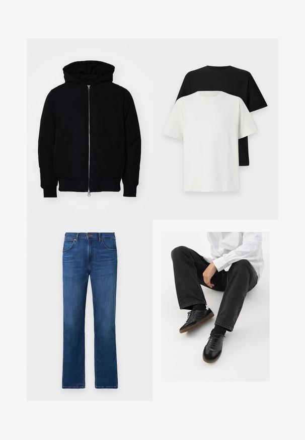 Mustaga kapuutsiga jakk, millel on esineed, kenguru tasku, soonikkoes, ja alläär, esitatud lihtsal valgel taustal.; Puuvillane t-särkide komplekt, mis sisaldab musta ja valget särk, mõlemad lühikeste varrukatega, ümmarguse kaelusega ja standardse lõikega. Tekstuuriga kangas.; Tumed sinine teksariided sirge lõikega, viie taskuga ja nööpidega kinnitusega vööl. Sile tekstuur kerge pleekimisega.; Mustad spordijalatsid siledast ja tekstuurilisest ülemisest osast, millel on kummist tald ja tumedad nöörid. Kombineeritud mustade teksade ja valge triibulise särgiga.