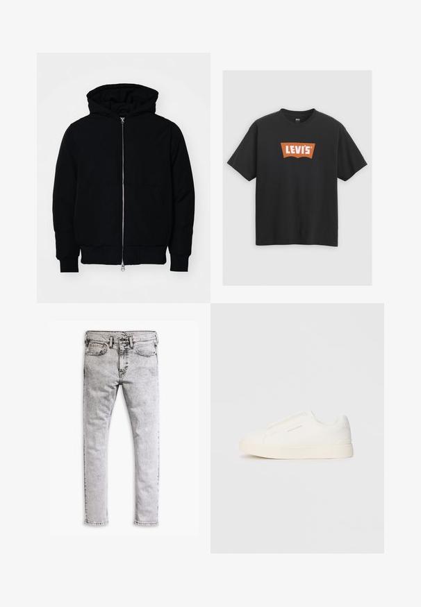 Crna kapuška jakna s prednjim zatvaračem, kenguru džepom, rebrastim manžetama i rubom, prikazana na običnoj bijeloj pozadini.; Crna pamučna majica s velikim narančastim Levi's logotipom sprijeda, kratkim rukavima i okruglim izrezom.; Svijetlosivi traperice s istrošenom teksturom, dizajn s pet džepova i kontrastnim šavovima. Ravne nogavice i klasičan pojas.; Bijele slip-on tenisice s teksturiranom površinom, debelim đonom i minimalističkim dizajnom. Sadrže logo branda sa strane.