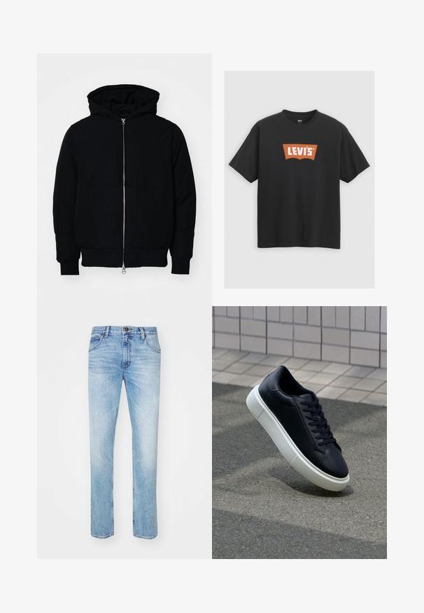 Zwarte hoodie met rits aan de voorkant, kangoeroe-pocket, geribbelde manchetten en zoom, weergegeven op een effen witte achtergrond.; Zwarte katoenen t-shirt met een groot oranje Levi's logo op de voorkant, korte mouwen en een ronde hals.; Lichtblauwe denim jeans met een rechte snit, voorzien van vijf zakken, een knoopsluiting aan de voorkant en subtiele vervaging voor textuur.; Zwarte leren sneaker met een ronde neus en een witte rubberen zool. Voorzien van platte veters en minimale stiksels op het bovenwerk. Textuurrijke zool voor grip.