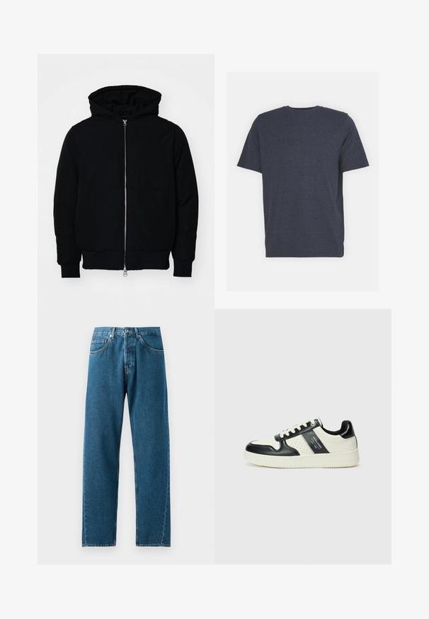 Melna kapucēta jaka ar priekšējo rāvējslēdzēju, kenguru kabatu, ribinātām aprocēm un apakšmalu, parādīta uz vienkārša balta fona.; Jūras zila apdalījuma T-krekls ar apaļu kakla izgriezumu, izgatavots no maiga kokvilnas auduma, ar īsām piedurknēm un regular fit piegriezumu. Nav redzamu rakstu vai akcentu.; Zilas džinsu bikses ar taisnā kāja dizainu, piecām kabatām un jostu cilpiņām. Audums ir ar smalku tekstūru un nodilušām vietām pie kabatām.; Ādas sporta apavi ar melnbaltu krāsu shēmu, ar perforētiem akcentiem, mīkstinātu apkakli un teksturētu zoli.