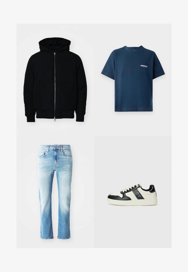Fekete kapucnis dzseki elülső cipzárral, kenguruzsebbel, bordázott mandzsettákkal és aba, egy sima fehér háttér előtt.; Sötétkék pamut póló rövid ujjakkal és kerek nyakkivágással. Bal mellen egy kis fehér logó található. Puha tapintású.; Világoskék farmeregyenes szárú dizájnnal, megfakult mosással, öt zsebbel, valamint hagyományos gombos és cipzáras záródással.; Fekete és krém színű bőrsneaker, perforált díszítésekkel, párnázott bokapánttal és texturált talppal.