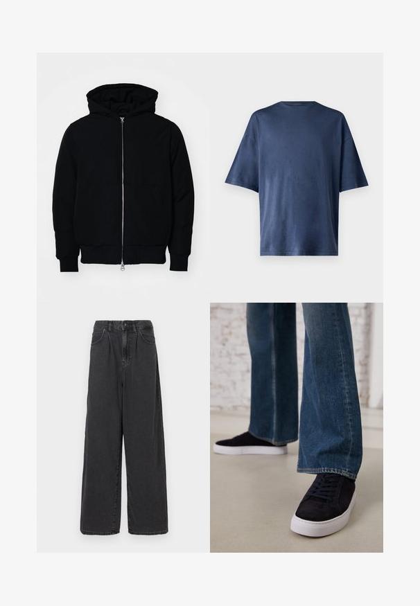 Černá kapucňová bunda s předním zipem, klokaní kapsou, vroubkovanými manžetami a spodním lemem, vystavená na čistém bílém pozadí.; Tmavě modré tričko s krátkým rukávem, vyrobené z měkké tkaniny, má klasický kulatý výstřih a volný střih, bez viditelných vzorů nebo akcentů.; Široké, vysoké černé džíny s knoflíkovým a zipovým zapínáním vpředu, se bočními kapsami a hladkou texturou.; Tmavě modré semišové tenisky s bílou gumovou podrážkou a tkaničkami, zkombinované s širokými džíny v středně modré praní.
