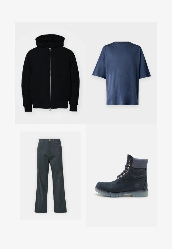 Jachetă neagră cu glugă, cu fermoar în față, buzunar tip kangaroo, mansete și tiv ribbed, prezentată pe un fundal alb simplu.; Tricou navy blue cu mânecă scurtă, realizat dintr-un material moale, prezintă un guler clasic și o croială lejeră, fără modele sau accente vizibile.; Pantaloni negri cu croi drept, confecționați dintr-un material din bumbac. Dispun de un închidere cu nasture metalic și buzunare laterale. Fără modele vizibile.; Timberland Botine cu șireturi - navy