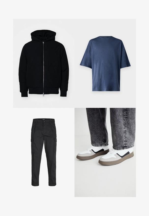 Black hooded jacket with front zipper, kangaroo pocket, ribbed cuffs, and hem, displayed on a plain white background.; Navy blue short-sleeve T-shirt, made of soft fabric, features a classic crew neck and relaxed fit, with no visible patterns or accents.; Black cargo pants made of sturdy fabric, featuring multiple pockets, a button closure, and a slim fit design with tapered legs.; Call it Spring FRESHH - Trainers - multi-coloured