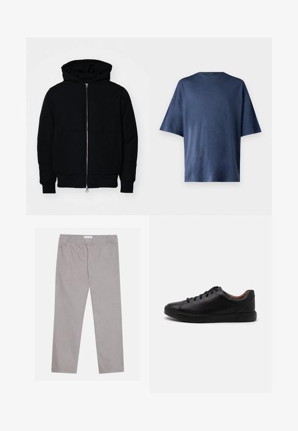 Black hooded jacket with front zipper, kangaroo pocket, ribbed cuffs, and hem, displayed on a plain white background.; Navy blue short-sleeve T-shirt, made of soft fabric, features a classic crew neck and relaxed fit, with no visible patterns or accents.; Light gray cotton pants with an elastic waistband, two side pockets, straight leg design, and a smooth texture. Simple stitching detail.; Black leather sneakers with a smooth finish, round toe, and six-eyelet lace-up closure; features a black rubber sole for grip.