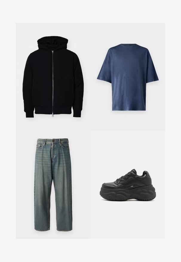 Giacca nera con cappuccio, dotata di zip frontale, tasca a marsupio, polsini e orlo a coste, esposta su uno sfondo bianco semplice.; Maglietta a maniche corte blu navy, realizzata in un tessuto morbido, presenta un classico colletto girocollo e una vestibilità comoda, senza motivi o dettagli visibili.; Jeans di denim azzurro chiaro con vestibilità ampia, vita media e gambe dritte. Presenta cinque tasche, passanti per cintura e chiusura con bottone.; Sneakers platform neri realizzati in materiale sintetico, con forma arrotondata, suola testurizzata e dettagli delle lacci in contrasto. Logo sul lato.