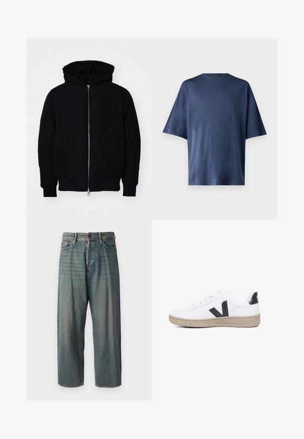 Black hooded jacket with front zipper, kangaroo pocket, ribbed cuffs, and hem, displayed on a plain white background.; Navy blue short-sleeve T-shirt, made of soft fabric, features a classic crew neck and relaxed fit, with no visible patterns or accents.; Light blue denim jeans with a loose fit, mid-rise waist, and straight legs. Features five pockets, belt loops, and a button closure.; White leather sneaker with a black "V" logo, beige rubber sole, and flat laces. Features smooth texture and cushioned collar.