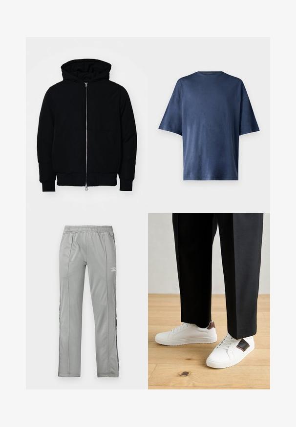 Jachetă neagră cu glugă, cu fermoar în față, buzunar tip kangaroo, mansete și tiv ribbed, prezentată pe un fundal alb simplu.; Tricou navy blue cu mânecă scurtă, realizat dintr-un material moale, prezintă un guler clasic și o croială lejeră, fără modele sau accente vizibile.; Pantaloni sport Umbro de culoare gri deschis, cu talie elastică și dungi negre și albe pe lateral, expuși pe un fundal alb.; Sneakers albe cu textură netedă, având accente din piele maro și detalii negre, asociate cu pantaloni negri pe măsură. Fundal din podea din lemn.