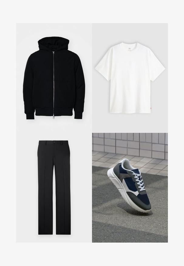 Jachetă neagră cu glugă, cu fermoar în față, buzunar tip kangaroo, mansete și tiv ribbed, prezentată pe un fundal alb simplu.; Tricou alb cu mânecă scurtă, confecționat din bumbac, cu gât rotund. Prezintă un detaliu logo subtil embosat pe față și un etichetă roșie la tiv.; Pantaloni negri, croiți pe măsură, cu tăietură dreaptă, țesătură fină, pliuri în față și închidere cu un buton la talie.; Adidași cu un uppers din plasă albastră închisă, accente din suede gri, talpă din cauciuc alb și șireturi plate albe, concepuți pentru confort și respirabilitate.