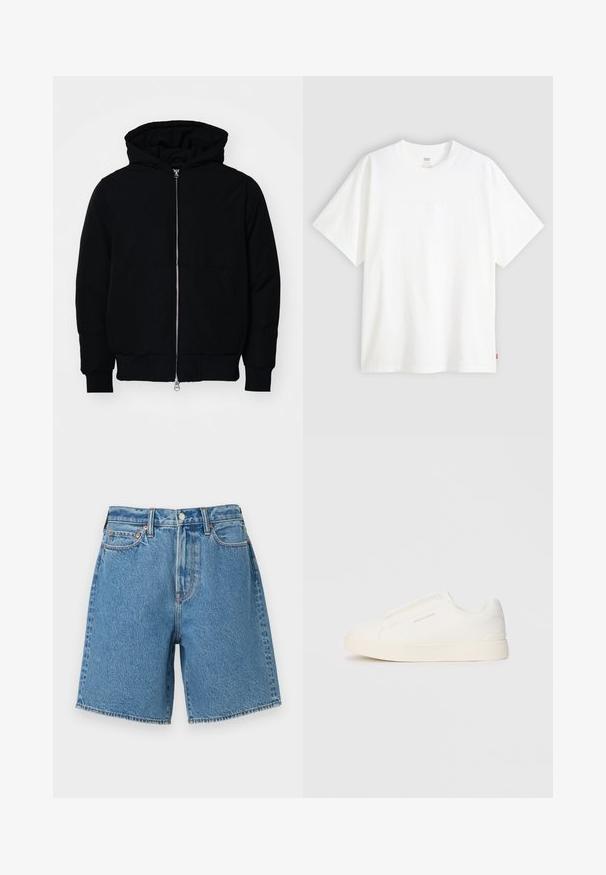 Jachetă neagră cu glugă, cu fermoar în față, buzunar tip kangaroo, mansete și tiv ribbed, prezentată pe un fundal alb simplu.; Tricou alb cu mânecă scurtă, confecționat din bumbac, cu gât rotund. Prezintă un detaliu logo subtil embosat pe față și un etichetă roșie la tiv.; Shorts din denim de culoare albastru deschis, cu talie înaltă, design cu cinci buzunare, margini cusute și închidere cu nasture metalic. Textura are un finisaj clasic.; Tenisi albi slip-on cu o suprafață texturată, talpă groasă și un design minimalist. Prezintă logo-ul brandului pe lateral.