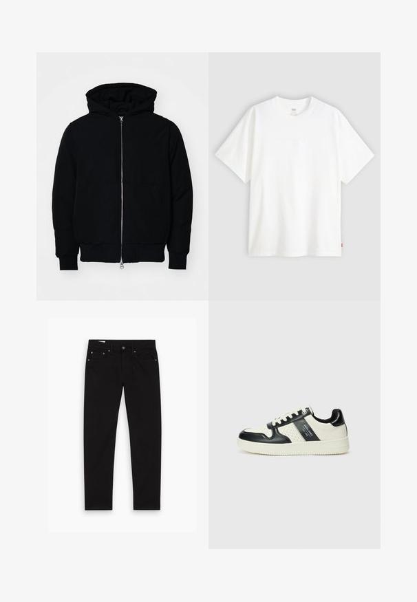 Svart huoodiejacka med framdragkedja, känguruficka, ribbade ärmslut och nederkant, uppställd mot en vit bakgrund.; Vit kortärmad t-shirt i bomull med rund halsringning. Har en subtil präglad logotypdetalj framtill och en röd etikett vid fållen.; Svarta raka jeans med fram- och bakfickor, bältesöglor samt knäppning och dragkedja, liggande platt på en vit bakgrund.; Läder sneakers med en svart och krämfärgad färgsättning, med perforerade detaljer, en vadderad krage och en strukturerad yttersula.