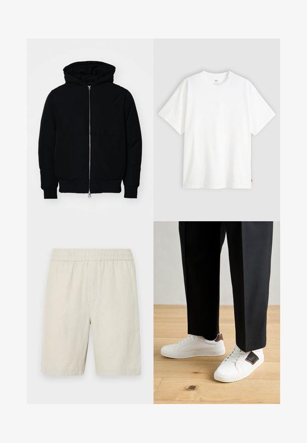 Giacca nera con cappuccio, dotata di zip frontale, tasca a marsupio, polsini e orlo a coste, esposta su uno sfondo bianco semplice.; T-shirt bianco a maniche corte in cotone con collo rotondo. Presenta un discreto dettaglio logo in rilievo sulla parte frontale e un'etichetta rossa sull'orlo.; Pantaloni corti beige in lino con elastico in vita, caratterizzati da una texture liscia e un taglio dritto che termina poco sopra il ginocchio.; Sneakers bianchi dalla texture liscia, con dettagli in pelle marrone e particolari neri, abbinati a pantaloni neri su misura. Sfondo in parquet.