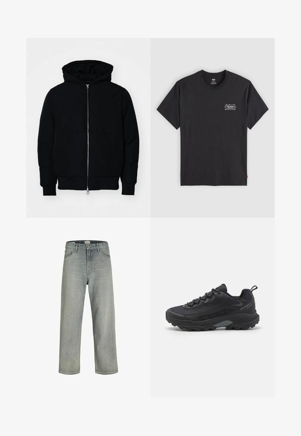 Black hooded jacket with front zipper, kangaroo pocket, ribbed cuffs, and hem, displayed on a plain white background.; Black cotton t-shirt with short sleeves and a round neck. Features a small white graphic print on the left chest. Smooth texture.; Light gray, loose-fitting jeans made of denim. Features a classic five-pocket design, belt loops, and a straight leg silhouette.; Black trail running shoe with textured mesh upper, reinforced rubber toe cap, and rugged outsole. Reflective accents and supportive heel design.