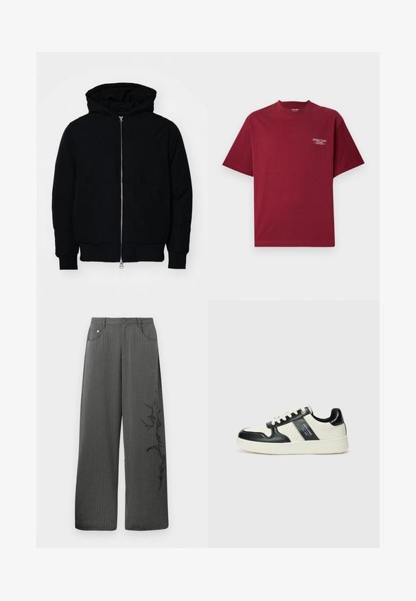Fekete kapucnis dzseki elülső cipzárral, kenguruzsebbel, bordázott mandzsettákkal és aba, egy sima fehér háttér előtt.; Burgundi színű pamut póló rövid ujjakkal, kerek nyakkivágással, és fehér "ORIGINALS STUDIO" felirattal a bal mellen.; Széles szárú, csíkos nadrág sötétszürke anyagból, elülső zsebekkel és fekete dísznyomattal a bal oldalon.; Fekete és krém színű bőrsneaker, perforált díszítésekkel, párnázott bokapánttal és texturált talppal.