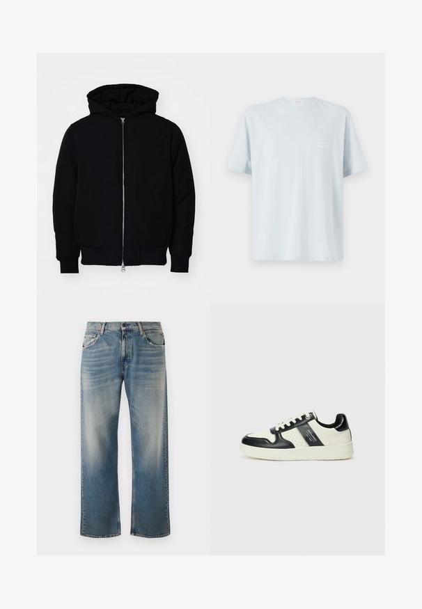 Fekete kapucnis dzseki elülső cipzárral, kenguruzsebbel, bordázott mandzsettákkal és aba, egy sima fehér háttér előtt.; Világoskék pamut póló kerek nyakkivágással és rövid ujjakkal. A bal mellrészen egy kis fehér logó található. Sima textúra.; Kék farmernadrág, relaxált fazonban és egyenes szárakkal. Világosabb mosású elemekkel és klasszikus öt zsebes dizájnnal rendelkezik, varrott részletekkel.; Fekete és krém színű bőrsneaker, perforált díszítésekkel, párnázott bokapánttal és texturált talppal.