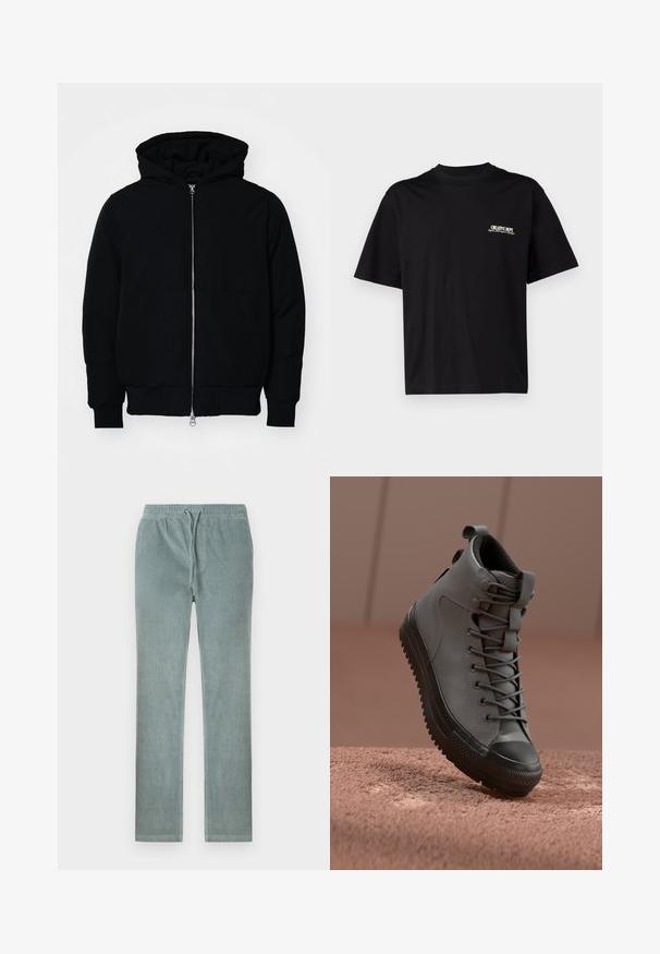 Črna kapuca jakna s sprednjim zadrgo, kenguru žepom, rebrastimi manšetami in hemom, razstavljena na enostavni beli ozadju.; Črna bombažna majica s kratkimi rokavi, okroglo ovratnico in tiskom na sprednjem levem prsnem delu v beli in zlati barvi, ki ima sproščen kroj.; Svetlo modri kordura hlače z elastiko v pasu in nastavljivim vrvico. Imajo ravne noge in mehak, teksturiran površino.; Visoke superge iz sive usnje z teksturirano površino, črn gumijast zaščitni kapica in sive vezalke. Ima zanko na peti.