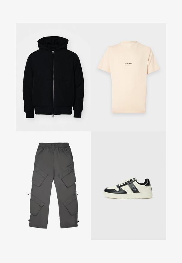 Fekete kapucnis dzseki elülső cipzárral, kenguruzsebbel, bordázott mandzsettákkal és aba, egy sima fehér háttér előtt.; Rövid ujjú, krémszínű, pamutból készült póló környakú kivitelben. A mellkasán apró fekete logónyomat található.; Sötét szürke anyagú cargo nadrág, rugalmas derékkal, több cargo zsebbel, húzózsinórral ellátott szegélyekkel és sima textúrával.; Fekete és krém színű bőrsneaker, perforált díszítésekkel, párnázott bokapánttal és texturált talppal.