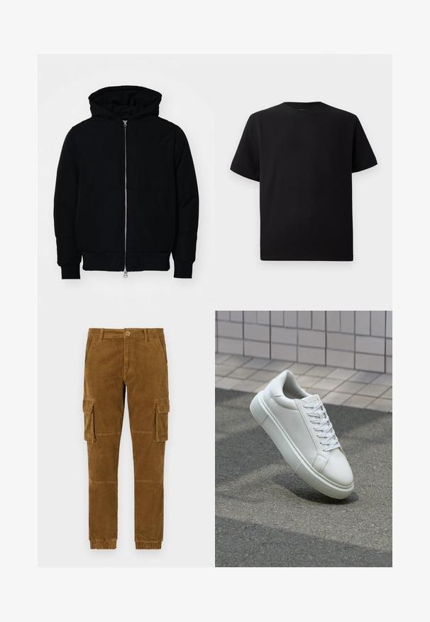 Veste à capuche noire avec fermeture éclair sur le devant, poche kangourou, poignets et ourlet côtelés, présentée sur un fond blanc uni.; T-shirt noir à manches courtes en tissu texturé, avec un col rond et une coupe décontractée. Simple, sans motifs ni accents.; Pantalons cargo en velours côtelé marron avec une coupe ajustée, dotés de poches latérales, d'une fermeture à bouton et de poignets élastiques aux chevilles.; Baskets en cuir blanc avec une surface lisse, bout rond et lacets plats blancs. Présentent une semelle en caoutchouc texturée et des éléments de design minimalistes.