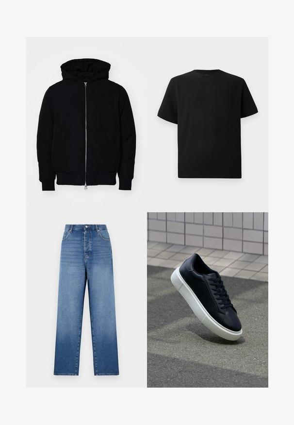 Mustat huppu-untuvatakki, jossa on vetoketju edessä, kenguru-tasku, ribatut hihansuut ja helma, esillä yksinkertaisella valkoisella taustalla.; Mustat lyhyet hihattomat T-paidat, jotka on valmistettu teksturoidusta kankaasta. Pyöreä pääntie ja rento istuvuus. Yksinkertainen, ilman kuvioita tai yksityiskohtia.; Sinisiä farkkuhousuja, joissa on korkea vyötärö, suora leikkaus, nappisuljenta ja viisi taskua. Ominaisuuksia ovat haalistunut pesu ja näkyvät ompeluyksityiskohdat.; Mustat nahkakengät, joissa on pyöristetty kärki ja valkoinen kumipohja. Varusteena litteät nauhat ja minimaalinen ommel ylhäällä. Teksturoitu pohja pitävyyden lisäämiseksi.