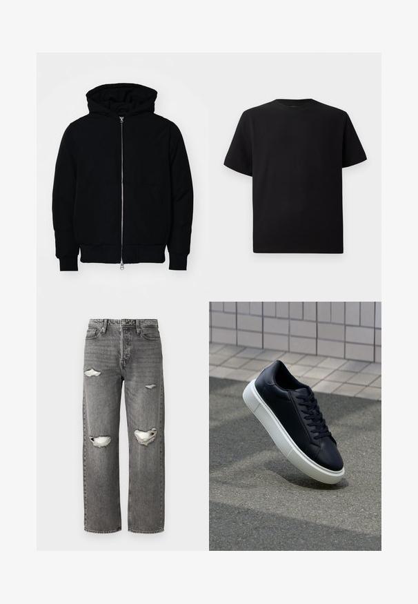 Mustaga kapuutsiga jakk, millel on esineed, kenguru tasku, soonikkoes, ja alläär, esitatud lihtsal valgel taustal.; Must have lühikeste varrukatega must T-särk, mis on valmistatud tekstuursetest materjalidest, ümmarguse kaelusega ja lõdva lõikega. Lihtne, ilma mustrite või aktsentideta.; Hallid denim teksased, mis on lõdva istuvusega, põlvede lõhikud ja klassikaline viie tasku disain, lisaks lukuga sulgemine.; Mustast nahast tennisetoss, millel on ümar nina ja valge kummist tall. Omab siredaid paelu ja minimaalset õmblemist ülemises osas. Tekstuuriga tald, mis tagab haakuvuse.