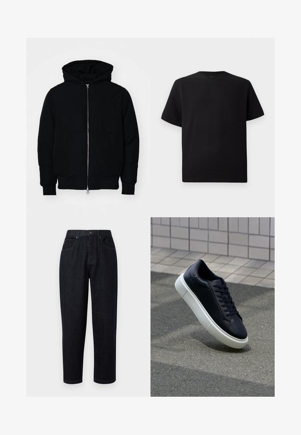 Črna kapuca jakna s sprednjim zadrgo, kenguru žepom, rebrastimi manšetami in hemom, razstavljena na enostavni beli ozadju.; Črna kratka majica s kratkimi rokavi, izdelana iz teksturirane tkanine, z okroglim izrezom in sproščenim krojem. Preprosta, brez vzorcev ali dodatkov.; Temno modri denim hlače z ohlapnim krojem, z gumbom in zadrgo, dvema sprednjima žepoma ter šivi kot dekoracijo.; Črne usnjene superge z zaobljenim prstom in belim gumijastim podplat. Imajo ravne vezalke in minimalno šivanje na zgornjem delu. Teksturirani podplat za oprijem.