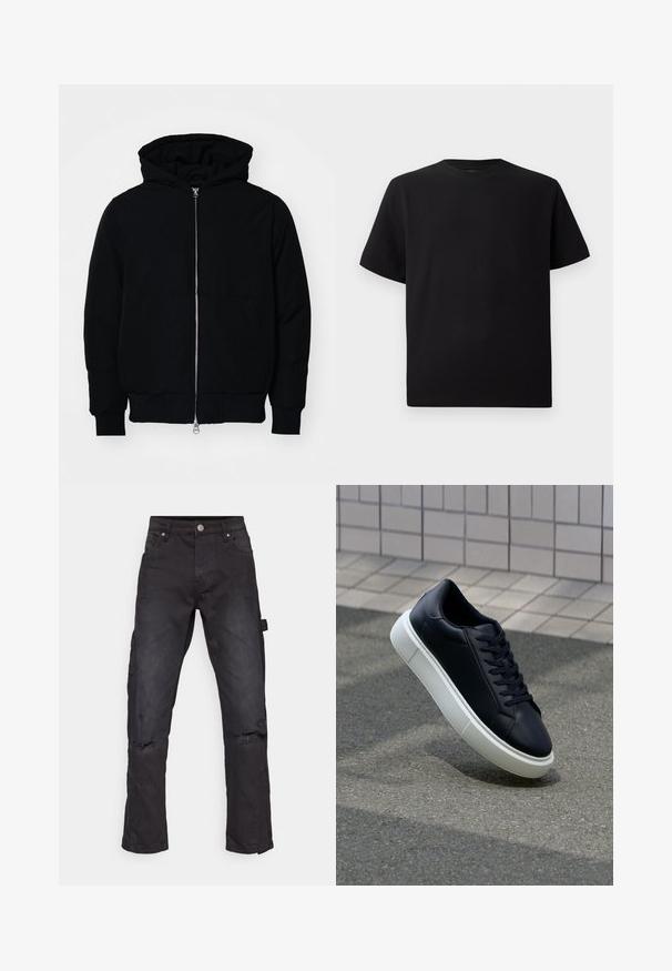 Črna kapuca jakna s sprednjim zadrgo, kenguru žepom, rebrastimi manšetami in hemom, razstavljena na enostavni beli ozadju.; Črna kratka majica s kratkimi rokavi, izdelana iz teksturirane tkanine, z okroglim izrezom in sproščenim krojem. Preprosta, brez vzorcev ali dodatkov.; Črne denim cargo hlače s ravnim krojem, z raztrganimi koleni in stranskim žepom, izdelane iz trpežnega teksturiranega blaga.; Črne usnjene superge z zaobljenim prstom in belim gumijastim podplat. Imajo ravne vezalke in minimalno šivanje na zgornjem delu. Teksturirani podplat za oprijem.