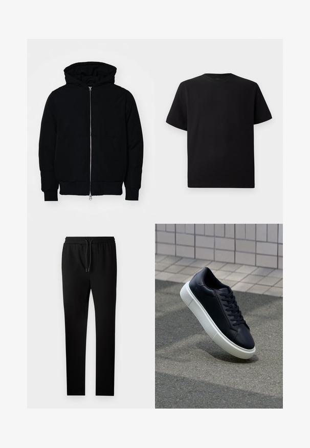 Juodas gobtuvėlis su priekiniu užtrauktuku, kengūros tipo kišene, lygiais rankogaliais ir apvadu, pateiktas ant vientiso balto fono.; Juodas trumpomis rankovėmis marškinėliai, pagaminti iš tekstūruotos medžiagos, su apvaliu iškirpimu ir laisvu siluetu. Paprasti, be raštų ar akcentų.; Juodi bėgimo kelnių modelio kelnės su pritaikytu siluetu, elastingu juosmeniu ir raišteliu. Pagamintos iš minkštos medžiagos su lygiu paviršiumi ir be matomų raštų.; Juodas odinis sportbačius su apvaliu pirštu ir baltu gumuotu padu. Turi plokščias raišteles ir minimalų siuvimą viršuje. Padangos tekstūra užtikrina sukibimą.