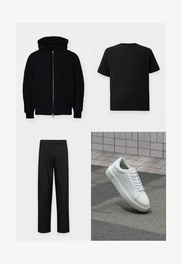 Veste à capuche noire avec fermeture éclair sur le devant, poche kangourou, poignets et ourlet côtelés, présentée sur un fond blanc uni.; T-shirt noir à manches courtes en tissu texturé, avec un col rond et une coupe décontractée. Simple, sans motifs ni accents.; Pantalons noirs en tissu lisse, avec une coupe droite, deux plis avant et une taille standard avec passants de ceinture.; Baskets en cuir blanc avec une surface lisse, bout rond et lacets plats blancs. Présentent une semelle en caoutchouc texturée et des éléments de design minimalistes.