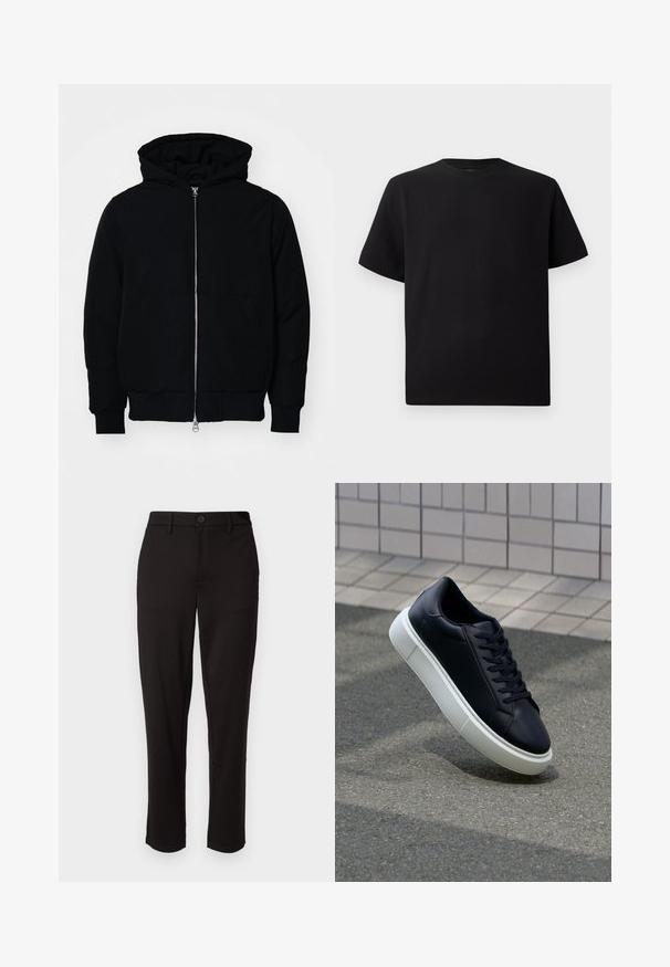 Schwarze Kapuzenjacke mit Frontreißverschluss, Kängurutasche, gerippten Bündchen und Saum, auf einem schlichten weißen Hintergrund präsentiert.; Schwarzes Kurzarm-T-Shirt aus strukturiertem Stoff, mit einem Rundhalsausschnitt und einer lockeren Passform. Einfach, ohne Muster oder Akzente.; Schwarze Hose aus leichtem Stoff, im geraden Schnitt, mit vorderem Knopfverschluss, Gürtelschlaufen und Seitentaschen.; Schwarze Leder-Sneaker mit runder Zehenpartie und weißer Gummisohle. Verfügt über flache Schnürsenkel und minimale Nähte im Obermaterial. Strukturiertes Sohlenprofil für besseren Halt.