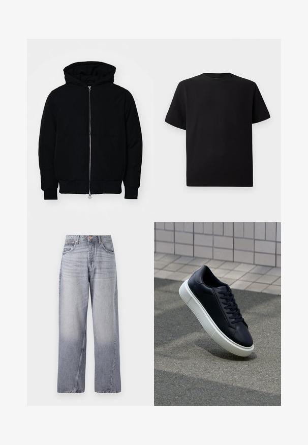Czarna kurtka z kapturem, z suwakiem z przodu, kieszenią kangurką, ściągaczami przy mankietach i dolnym brzegu, prezentowana na jednolitym białym tle.; Czarna koszulka z krótkim rękawem, wykonana z teksturowanej tkaniny, z okrągłym dekoltem i luźnym krojem. Prosta, bez wzorów i akcentów.; Jasnoniebieskie, szerokie dżinsy z denimu z wyblakłym wykończeniem, pięć kieszeni, widoczne szwy. Wyposażone w miedziany guzik i zamek błyskawiczny.; Czarne skórzane sneakersy z okrągłym noskiem i białą gumową podeszwą. Posiadają płaskie sznurowadła i minimalne przeszycia na cholewce. Teksturowana podeszwa zapewnia przyczepność.