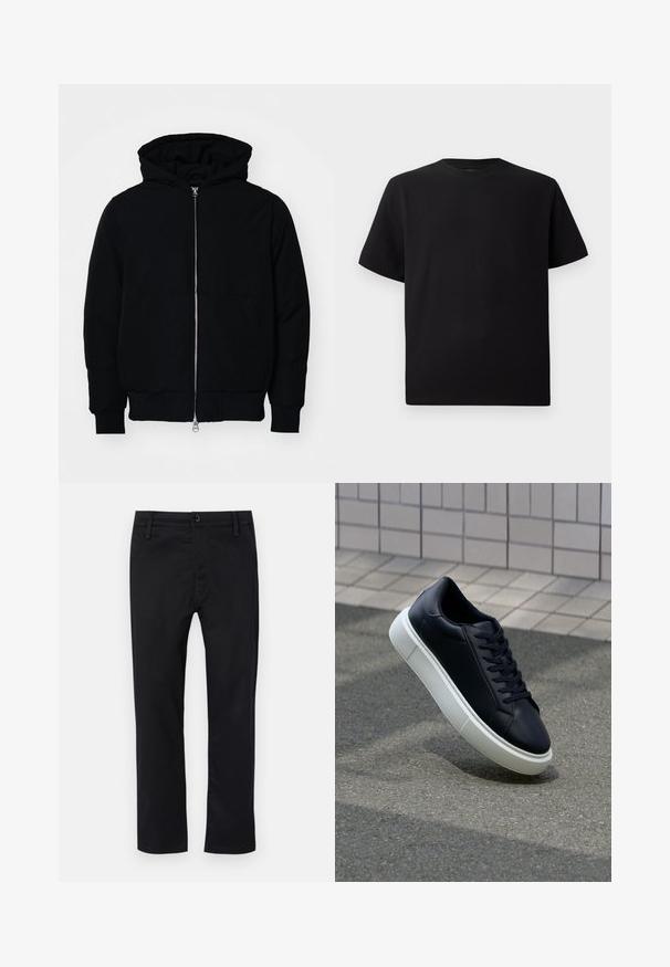 Juodas gobtuvėlis su priekiniu užtrauktuku, kengūros tipo kišene, lygiais rankogaliais ir apvadu, pateiktas ant vientiso balto fono.; Juodas trumpomis rankovėmis marškinėliai, pagaminti iš tekstūruotos medžiagos, su apvaliu iškirpimu ir laisvu siluetu. Paprasti, be raštų ar akcentų.; Juodos kelnės, pagamintos iš lygaus audinio, su plokščiu priekiu, standartiniu liemeniu su diržo kilpomis ir tiesiomis kojomis. Klasikinis dizainas be raštų.; Juodas odinis sportbačius su apvaliu pirštu ir baltu gumuotu padu. Turi plokščias raišteles ir minimalų siuvimą viršuje. Padangos tekstūra užtikrina sukibimą.