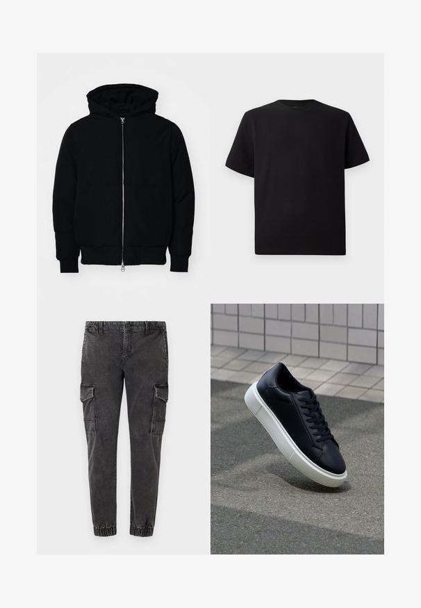 Schwarze Kapuzenjacke mit Frontreißverschluss, Kängurutasche, gerippten Bündchen und Saum, auf einem schlichten weißen Hintergrund präsentiert.; Schwarzes Kurzarm-T-Shirt aus strukturiertem Stoff, mit einem Rundhalsausschnitt und einer lockeren Passform. Einfach, ohne Muster oder Akzente.; Schwarze Cargo-Hosen mit elastischen Bündchen, großen Seitentaschen, lockerer Passform und einem leicht abgenutzten, strukturierten Denimstoff.; Schwarze Leder-Sneaker mit runder Zehenpartie und weißer Gummisohle. Verfügt über flache Schnürsenkel und minimale Nähte im Obermaterial. Strukturiertes Sohlenprofil für besseren Halt.