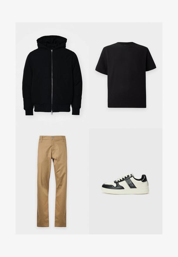 Melna kapucēta jaka ar priekšējo rāvējslēdzēju, kenguru kabatu, ribinātām aprocēm un apakšmalu, parādīta uz vienkārša balta fona.; Melnās īsām piedurknēm T-krekls no teksturēta auduma, ar apaļu kakla izgriezumu un brīvu piegriezumu. Vienkāršs, bez rakstiem vai akcentiem.; Klājošas kokvilnas bikses ar taisnu kāju dizainu, priekšpusē ar pogu aizdari, jostu cilpiņām un sānu kabatām. Gluda tekstūra.; Ādas sporta apavi ar melnbaltu krāsu shēmu, ar perforētiem akcentiem, mīkstinātu apkakli un teksturētu zoli.