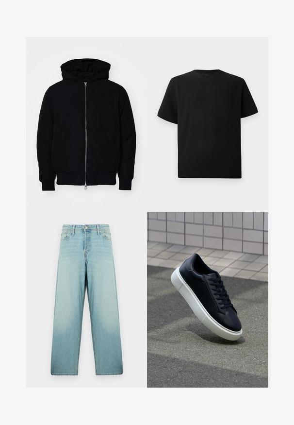Black hooded jacket with front zipper, kangaroo pocket, ribbed cuffs, and hem, displayed on a plain white background.; Black short-sleeve T-shirt made of textured fabric, featuring a round neckline and a relaxed fit. Simple, no patterns or accents.; Light blue wide-leg jeans made of denim with a faded wash. Features a front button closure and five pocket design.; Black leather sneaker with rounded toe and white rubber sole. Features flat laces and minimal stitching on the upper. Textured sole for grip.